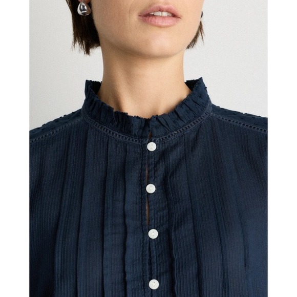 Quince Organic Textured Cotton Peasant Blouse Ruffle Neck Pintuck Long Sleeve S - Picture 2 of 12